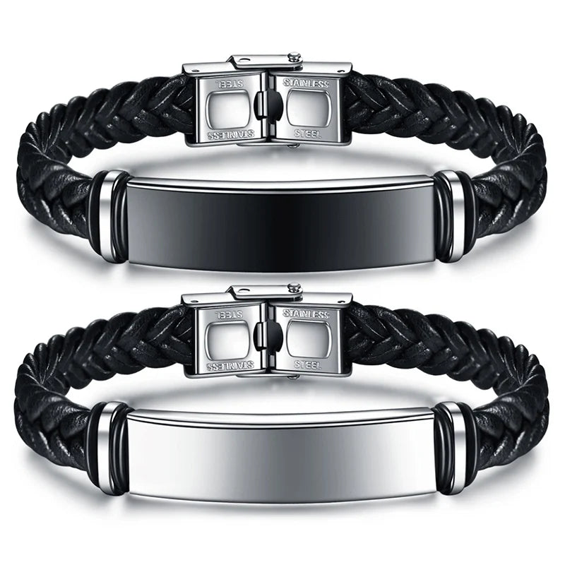 Graveerbare Leren Heren Armband Zwart